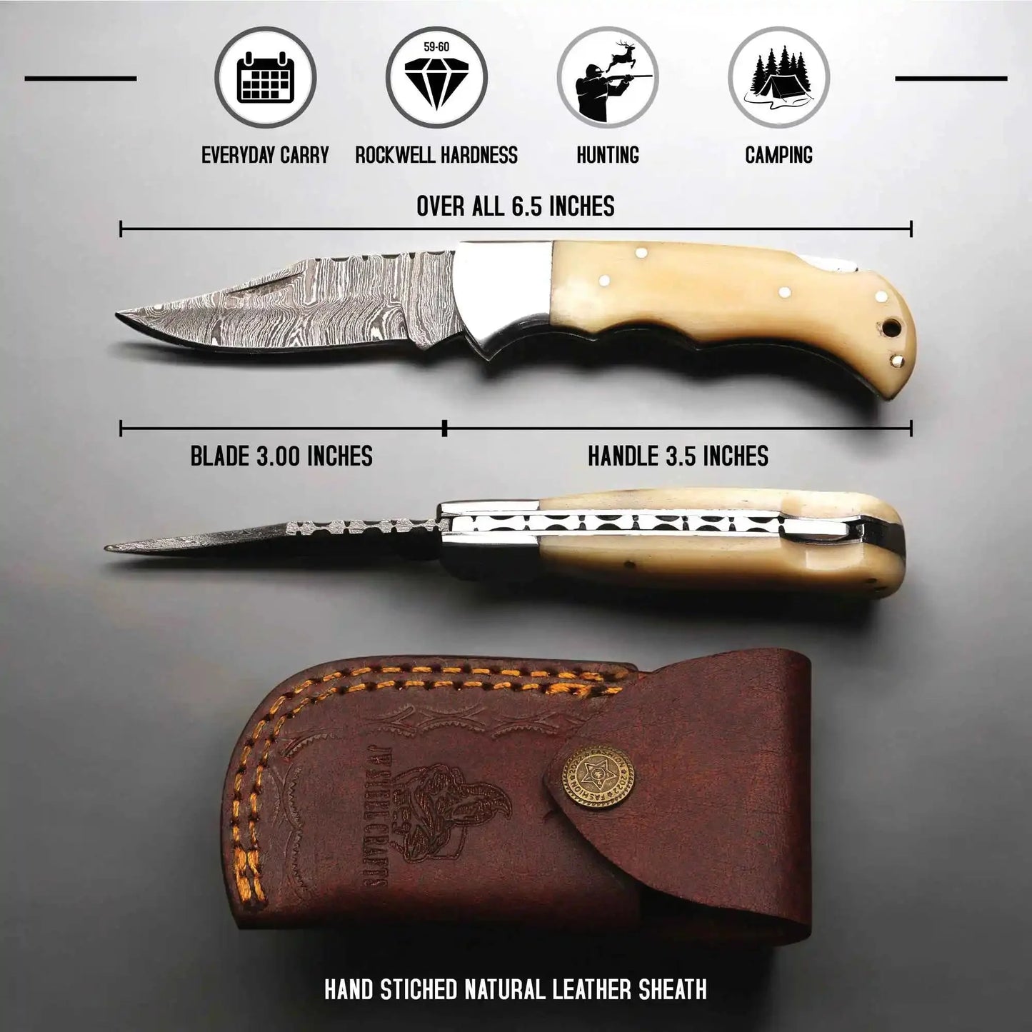 Handmade Damascus Steel Folding Knife – Camel Bone Handle (5 Handle Options)