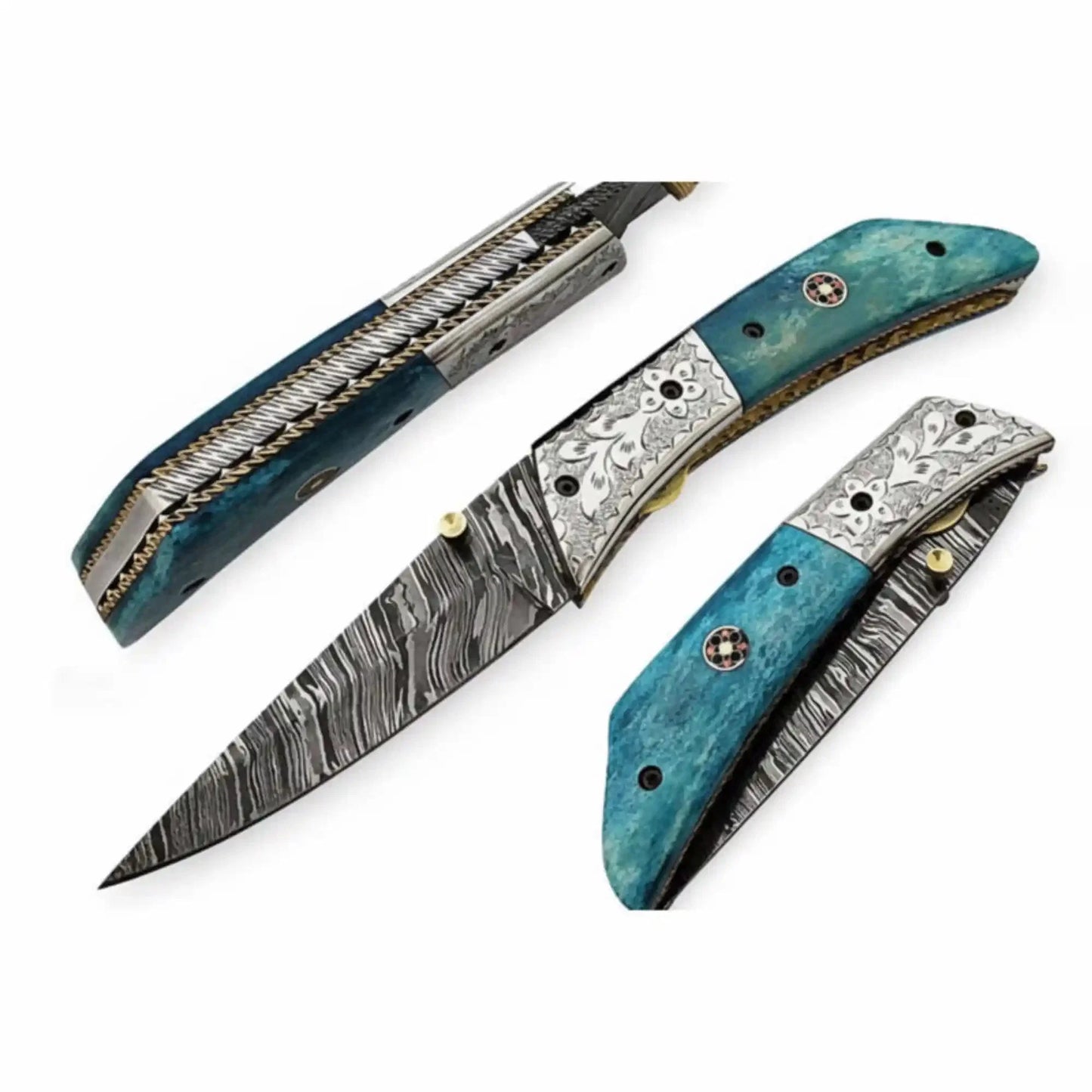 Handmade Damascus Steel Folding Knife with Teal Wood Handle & Engraved Bolster