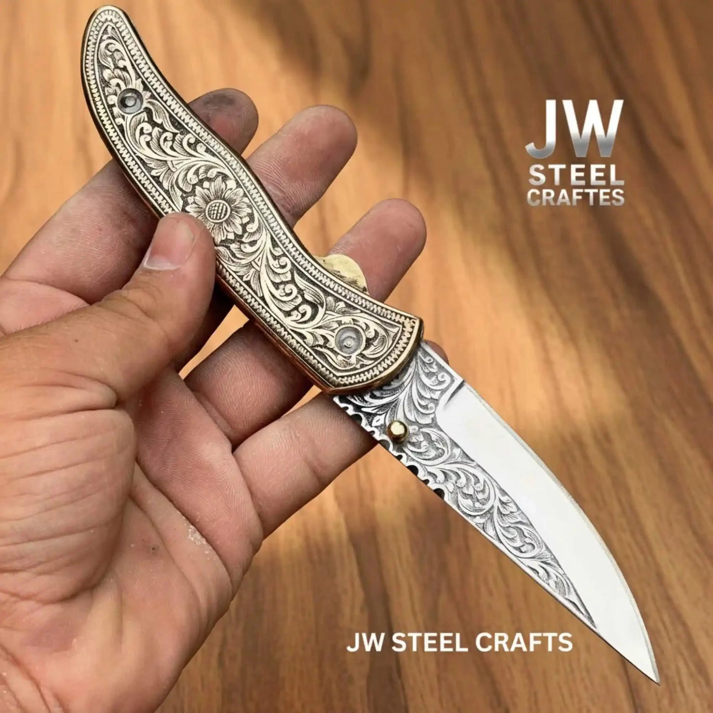 Handmade Engraved Folding Knife – Brass Handle EDC Pocket Knife