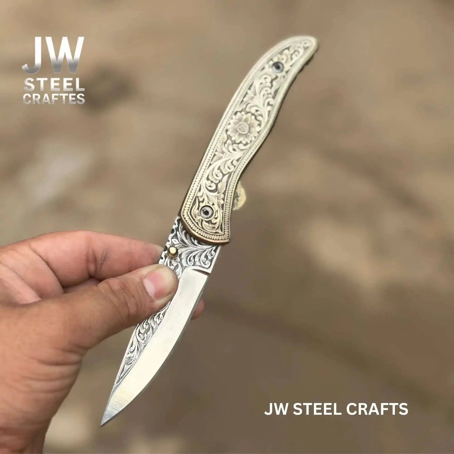 Handmade Engraved Folding Knife – Brass Handle EDC Pocket Knife