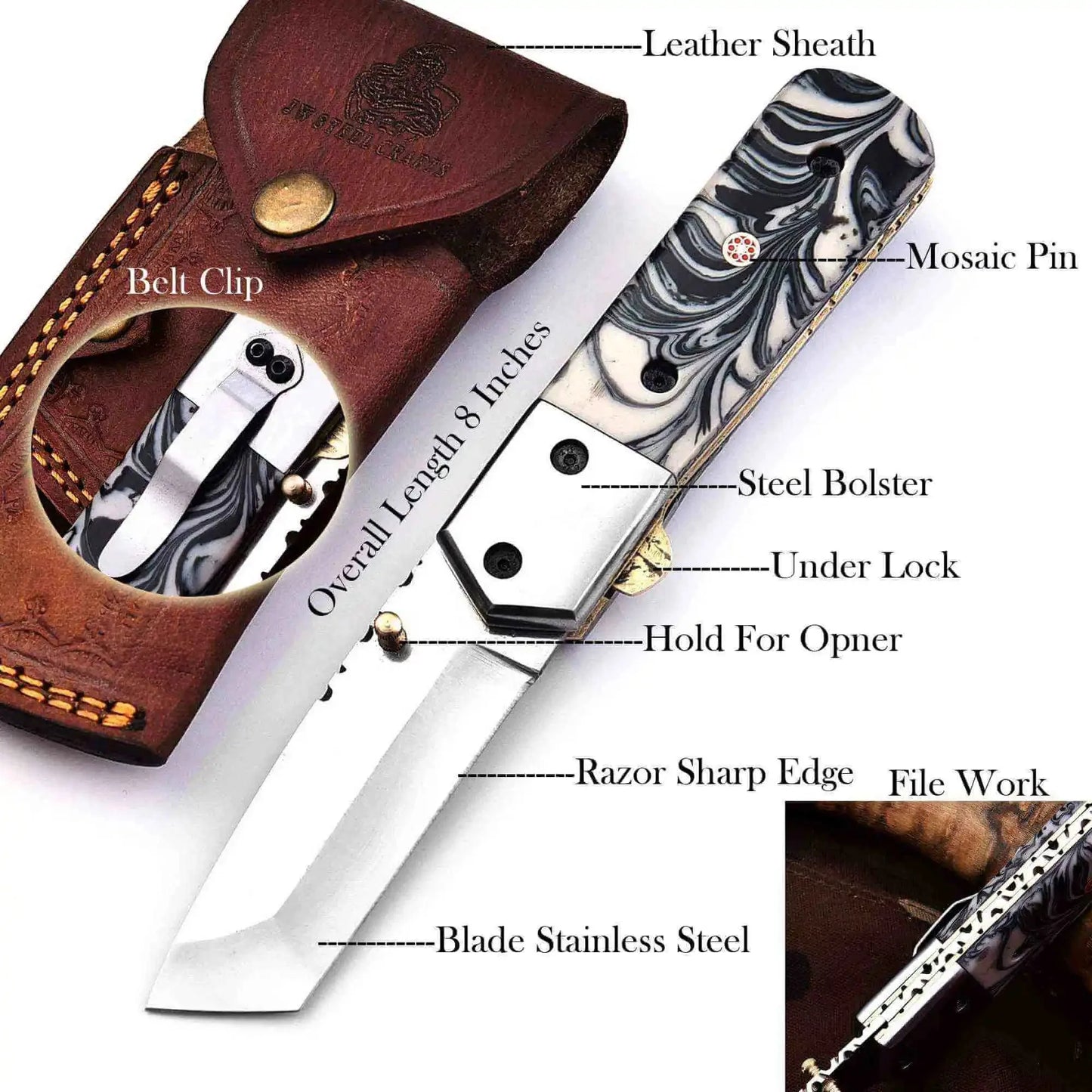 Handmade Folding Knife – Marble Resin Handle with Cleaver-Style Blade