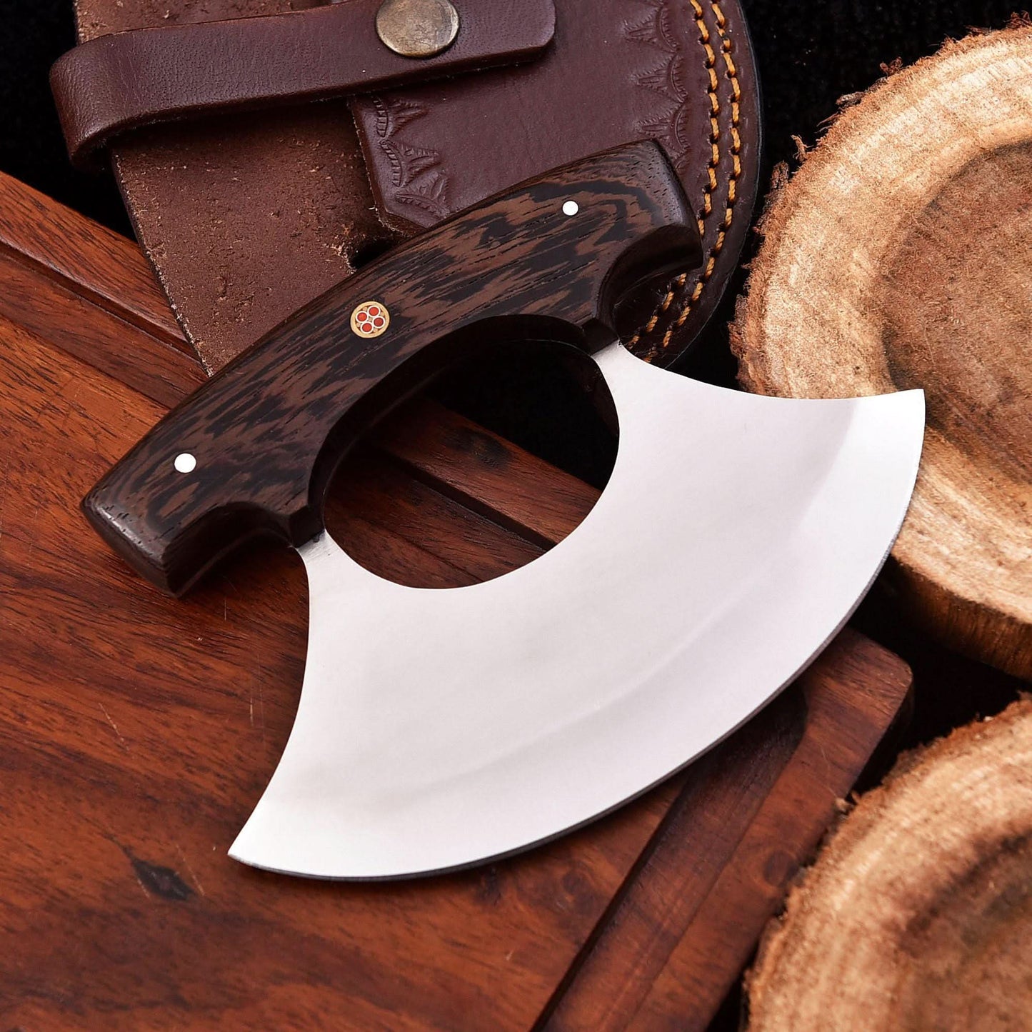 Handmade Stainless Steel Ulu Knife – Wenge Wood Handle | 5.5” Blade | Mosaic Pin | JW SteelCrafts
