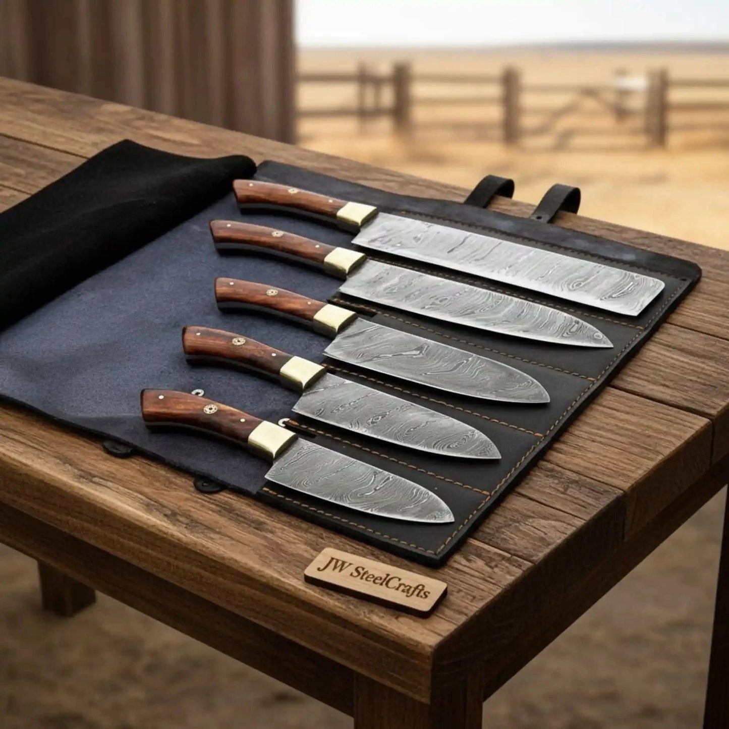 JW SteelCrafts 5 Piece Damascus Kitchen Knife Set Chef Santoku Utility and Paring Knives Pakka Wood Handle with Leather Knife Roll Professional Cooking Set
