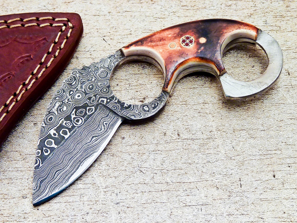 KBS Knives Store Full Tang Damascus Steel Tactical Knife with Burn Bone Handle