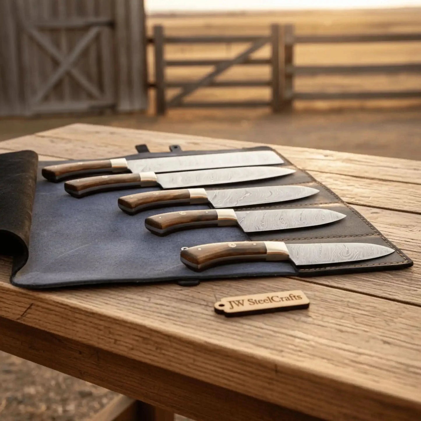JW SteelCrafts 5 Piece Damascus Kitchen Knife Set Chef Santoku Utility and Paring Knives Pakka Wood Handle with Leather Knife Roll Professional Cooking Set
