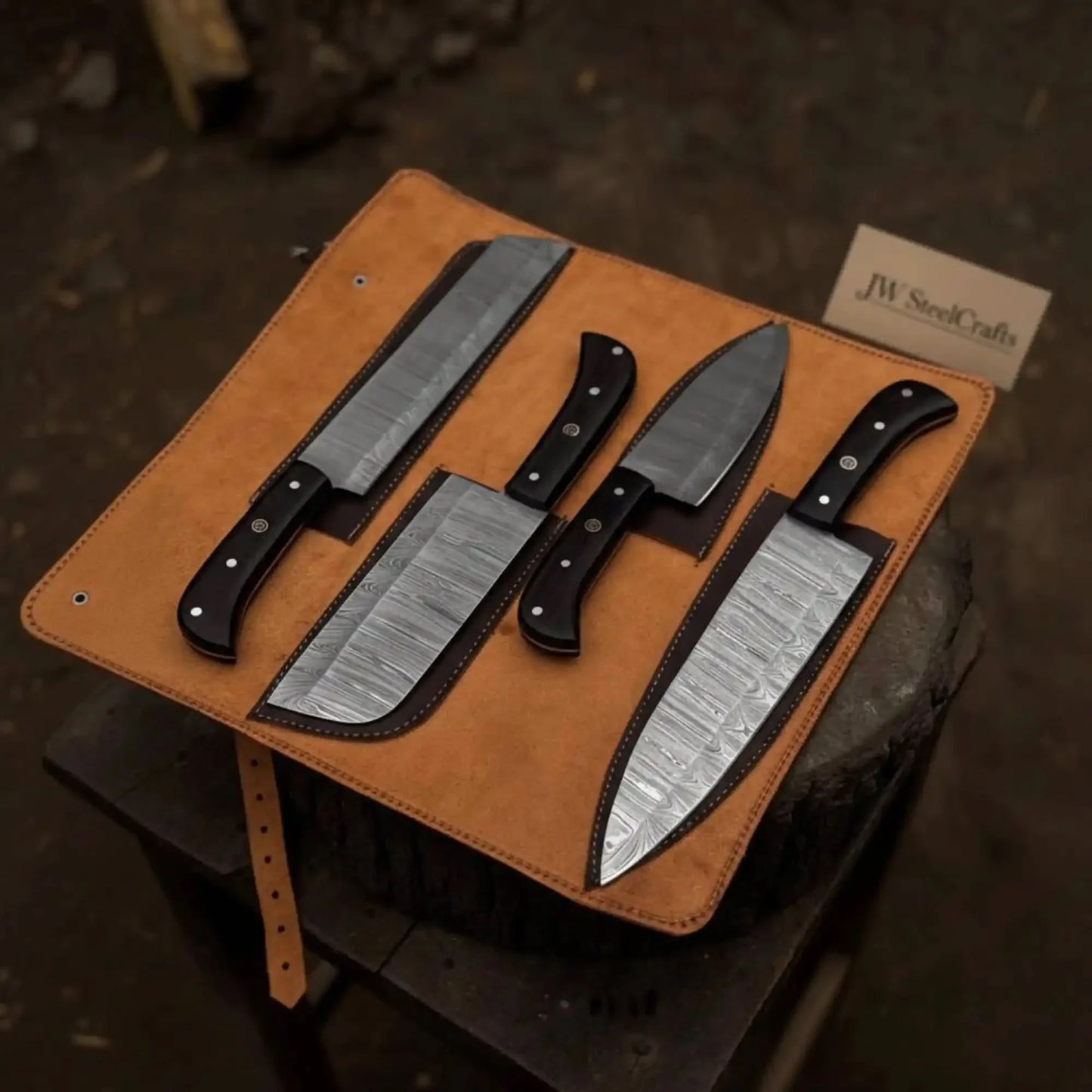 4-Piece Damascus Steel Kitchen Knife Set — Chef, Santoku, Cleaver & Utility with Wengi Wood Handles & Leather Roll