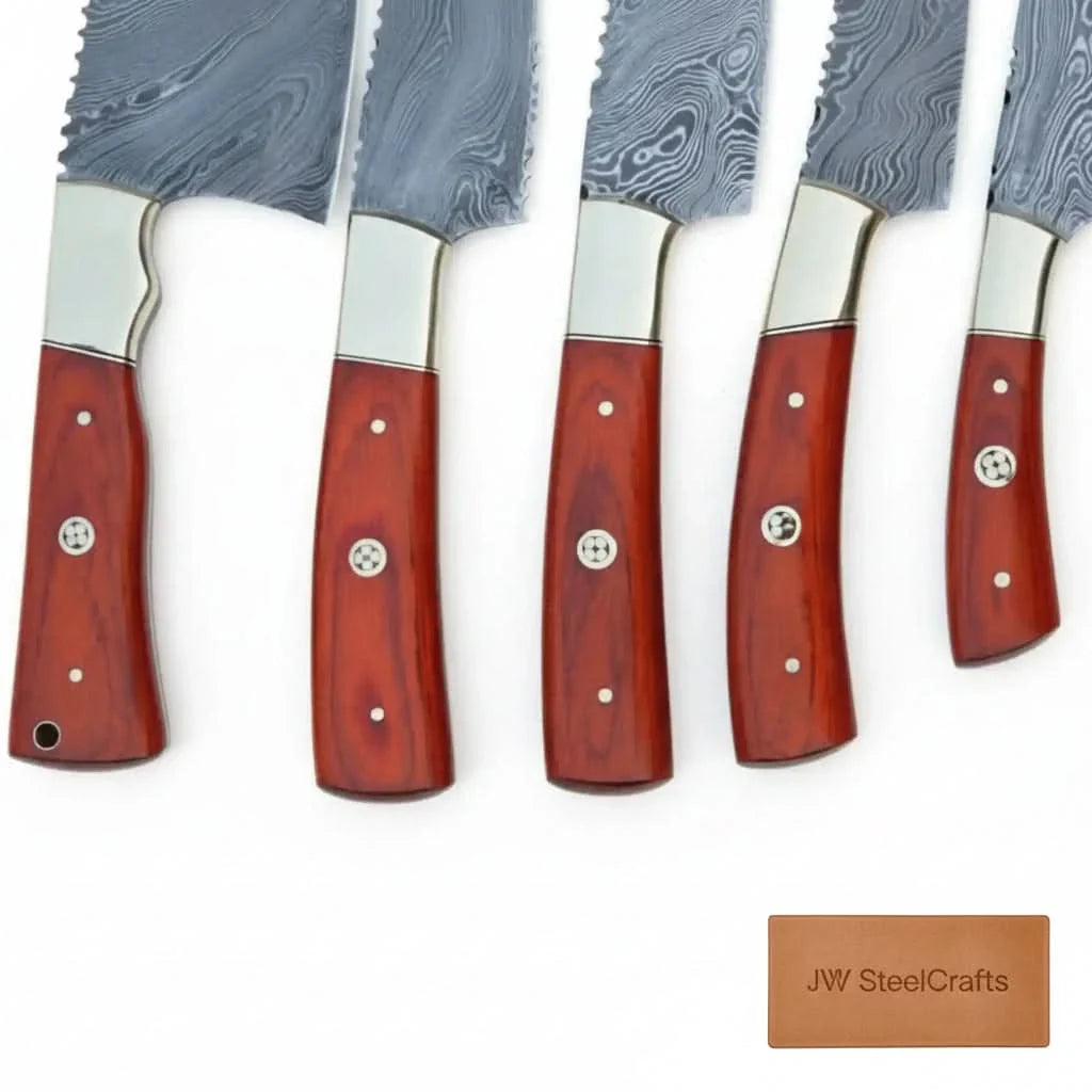 Handmade Damascus Steel Kitchen Knife Set with Leather Roll - 5 Pieces