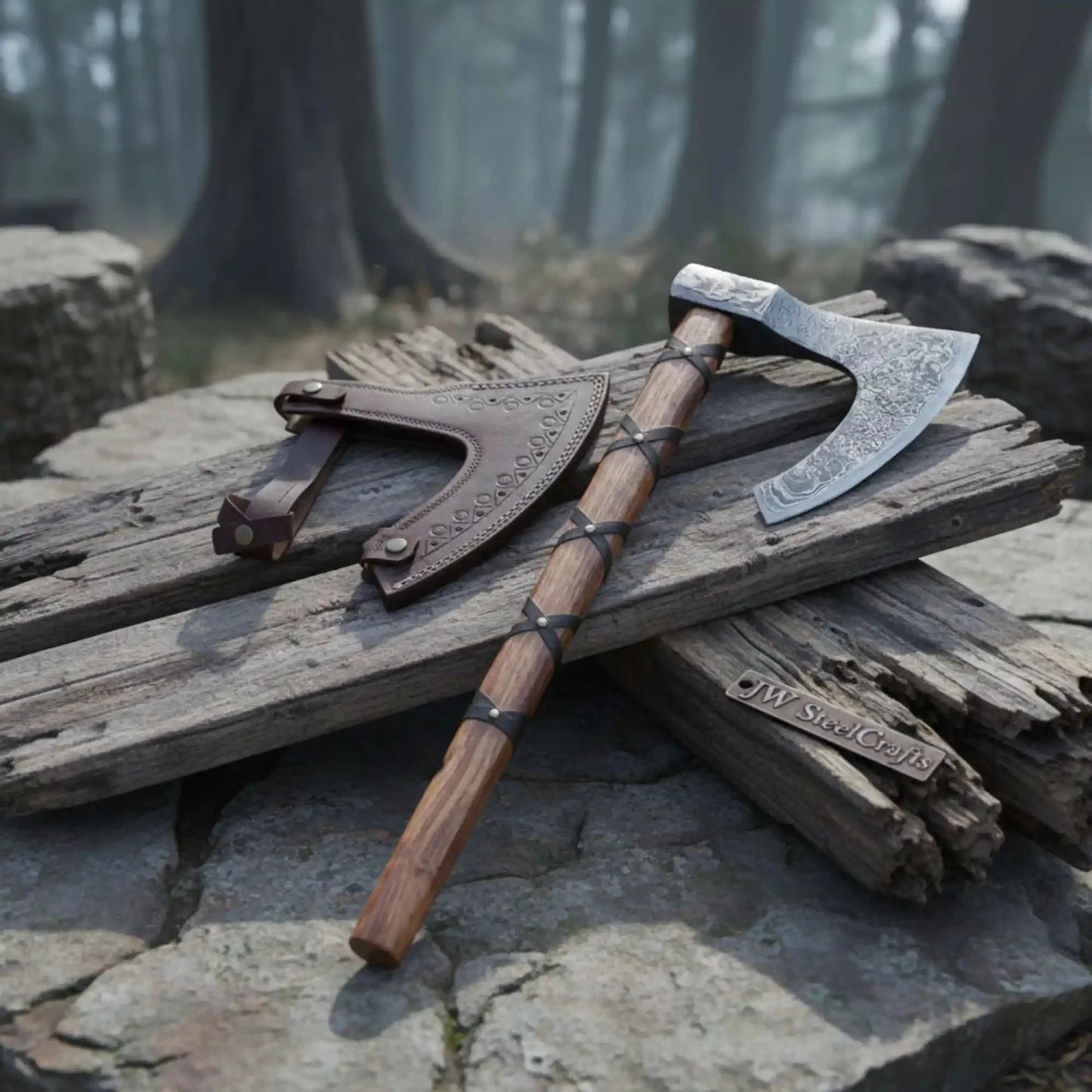 Handmade Damascus Skeggøx Bearded Axe with Leather Wrap and Sheath