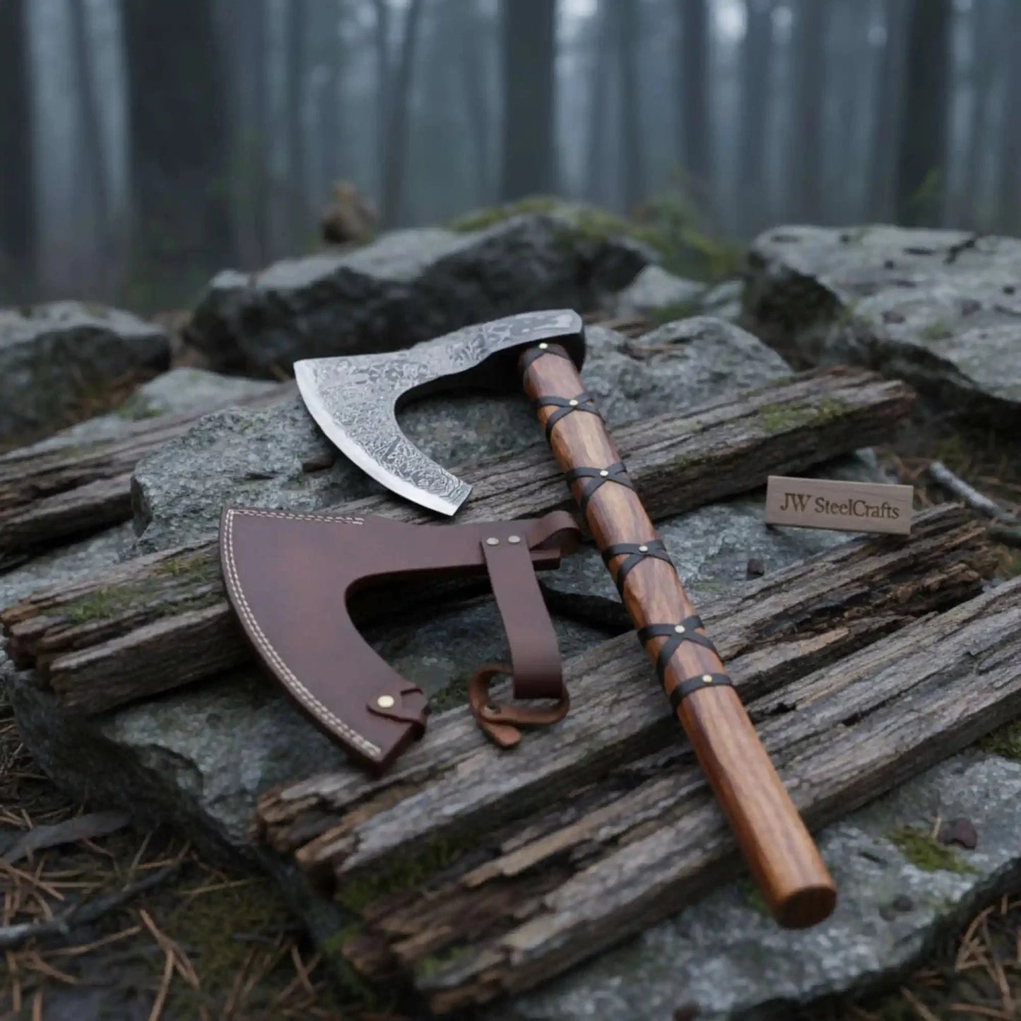 Handmade Damascus Skeggøx Bearded Axe with Leather Wrap and Sheath